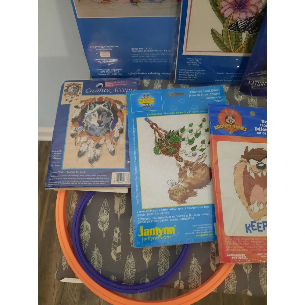 Bundle 90s Y2k Vintage Janlynn Cross Stitch Kits with 2 Hoops